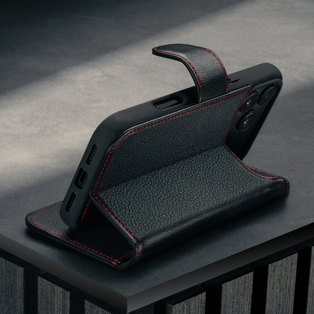 Stand function of the Black with Red Detail Leather Detachable Case for iPhone 17 Pro Max
