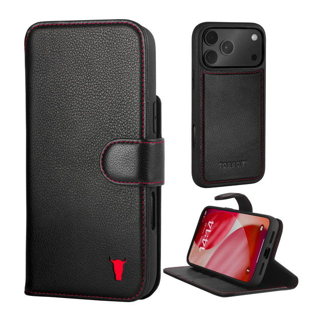 Black with Red Detail Leather Detachable Case for iPhone 17 Pro Max