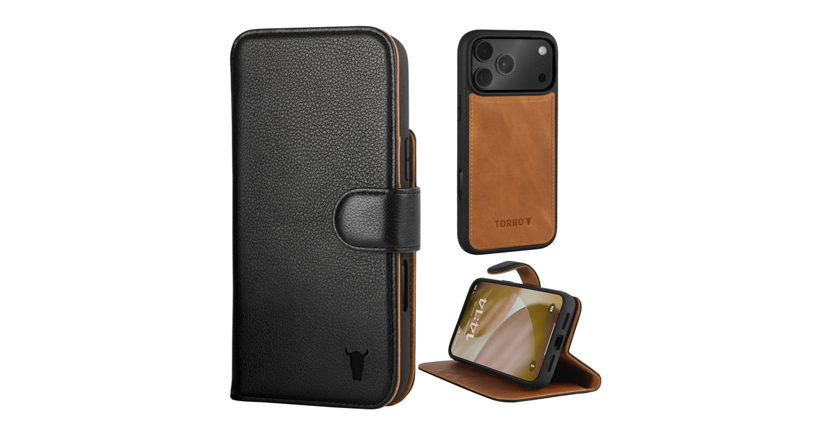 étui Porte-cartes Support Étui Portefeuille TORRO Cuir Véritable Pour IPhone 16 Pro Max - Porte-cartes, Béquille Intégrée - Compatible MagSafe - Noir étui Cuir Torro
