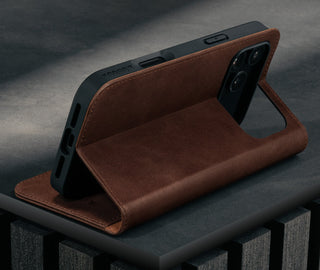 Stand function of the Dark Brown Leather Case for iPhone 17 Pro Max