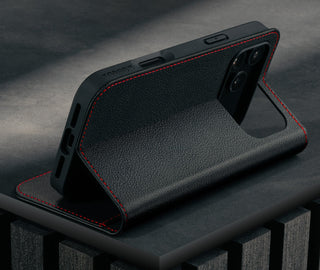 Stand function of the Black Leather Case (with Red Stitching) for iPhone 17 Pro