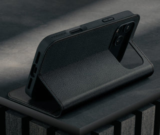 Stand function of the Black Leather Case for iPhone 17 Pro