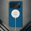 MagSafe charger attached to the Cobalt Blue Leather Case for iPhone 17 Pro