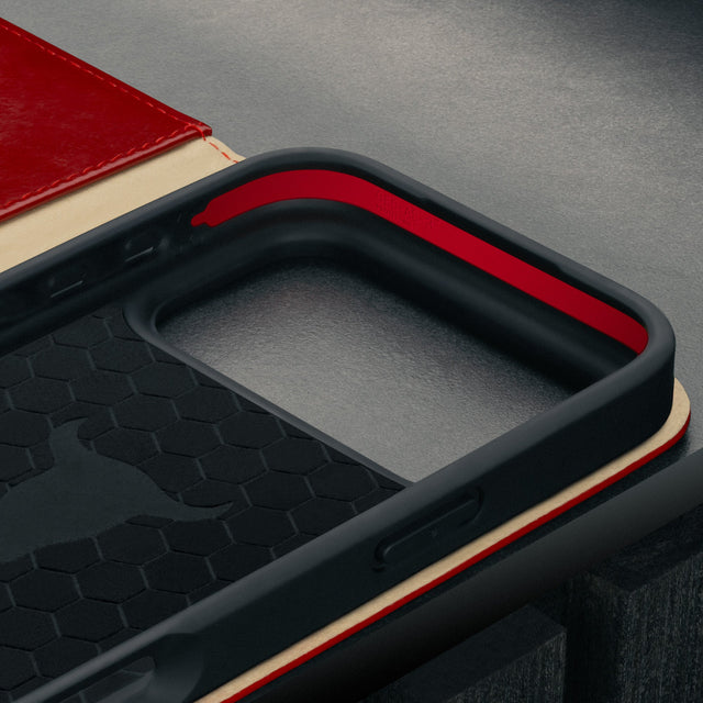 Microfibre lined frame of the Red Leather Case for iPhone 17 Pro