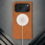 MagSafe charger attached to the Tan Leather Case for iPhone 17 Pro