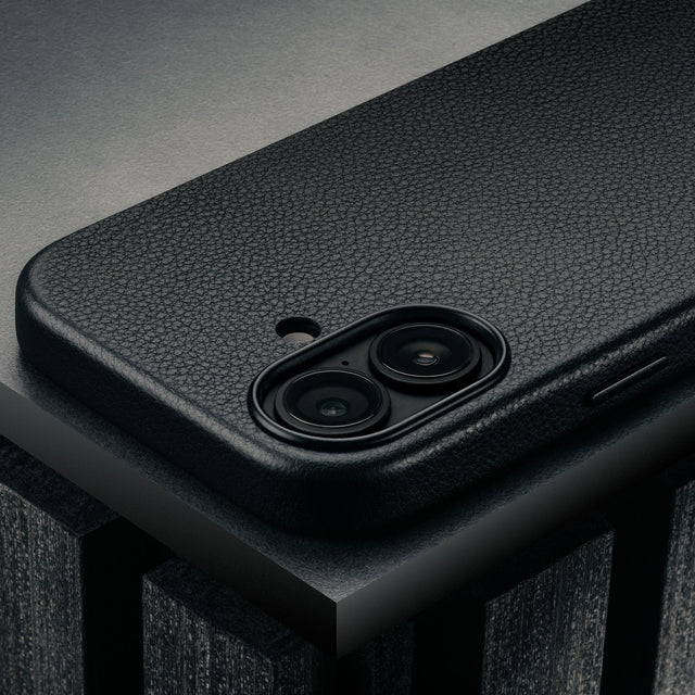 Camera cutout on the Black Leather Bumper Case for iPhone 17