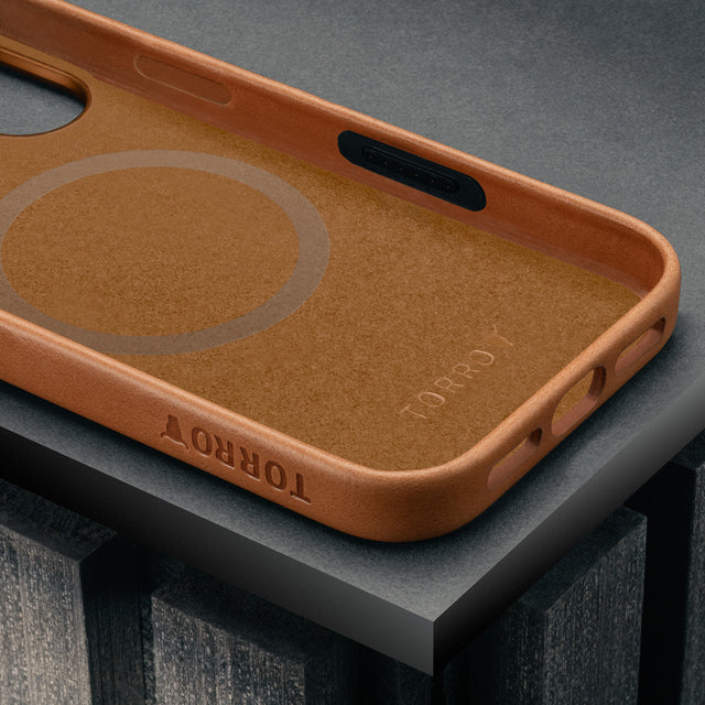 Microfibre lining in the tan Leather Bumper Case for iPhone 17