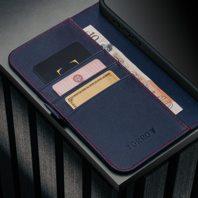 Card holder inside the Navy Blue Leather Case for iPhone 17