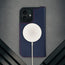 MagSafe charger attached to the Navy Blue Leather Case for iPhone 17