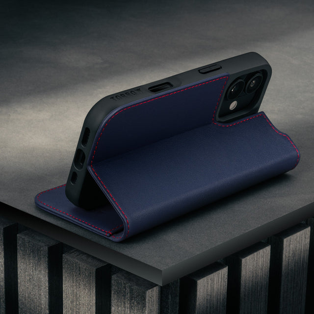 Stand function of the Navy Blue Leather Case for iPhone 17
