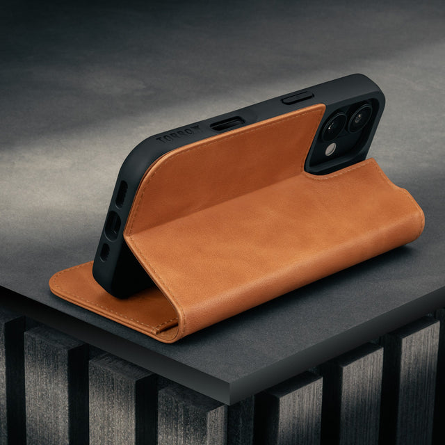 Stand function of the Tan Leather Case for iPhone 17