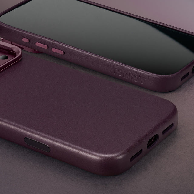 Close up of the Dark Cherry Leather Bumper Case (with Camera Stand) for iPhone 18 Pro / 17 Pro