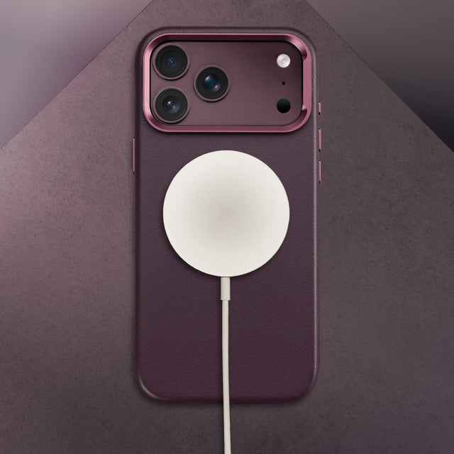 MagSafe charger attached to the Dark Cherry Leather Bumper Case (with Camera Stand) for iPhone 18 Pro / 17 Pro