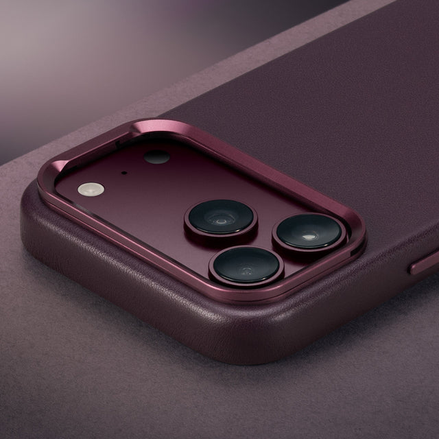 Camera cutout and stand function of the Dark Cherry Leather Bumper Case (with Camera Stand) for iPhone 18 / 17 Pro Max