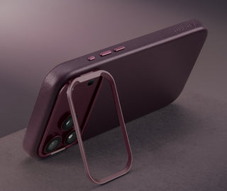 Stand function of the Dark Cherry Leather Bumper Case (with Camera Stand) for iPhone 18 / 17 Pro Max