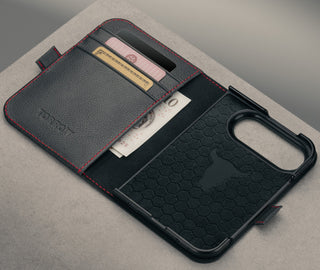 Card slots and microfibre lining inside the Black with Red detail Leather Wallet Case for the iPhone Ultra