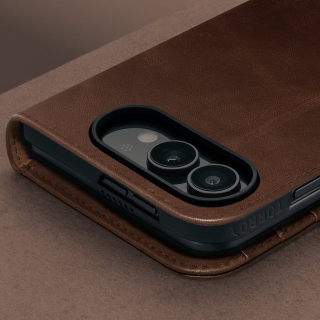 Camera cutout on the Dark Brown Leather Wallet Case for the iPhone Ultra