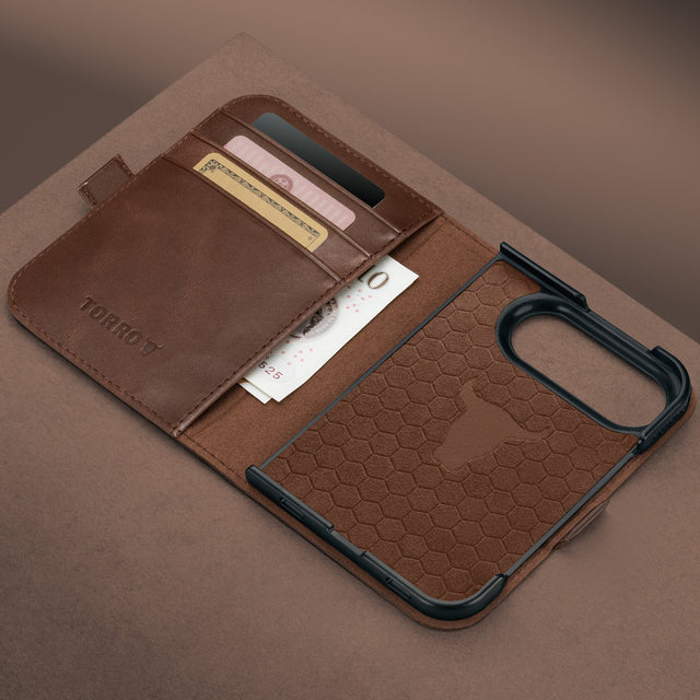 Card slots and microfibre lining inside the Dark Brown Leather Wallet Case for the iPhone Ultra