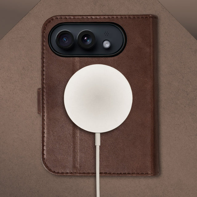 MagSafe charger attached to the Dark Brown Leather Wallet Case for the iPhone Ultra