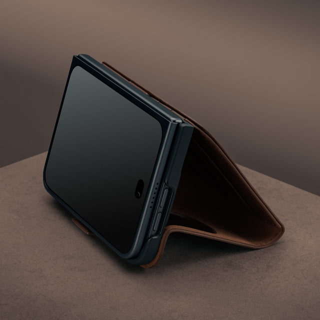 Stand function of the Dark Brown Leather Wallet Case for the iPhone Ultra