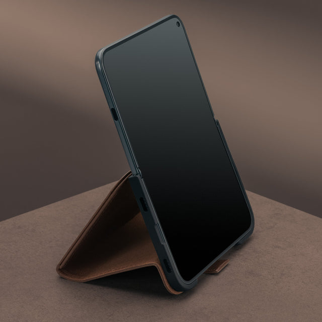 Integrated stand function of the Dark Brown Leather Wallet Case for the iPhone Ultra