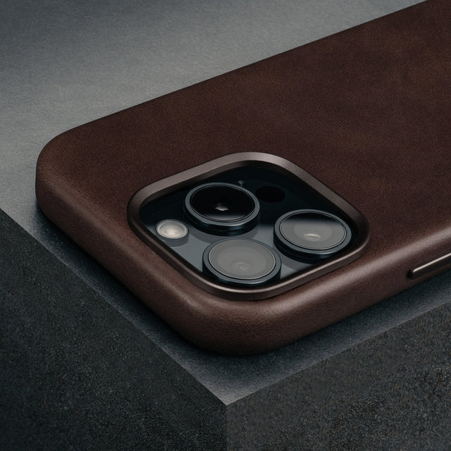 Camera cutout on the Dark Brown Leather Slimline Bumper Case for iPhone 16 Pro