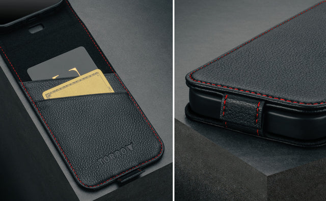 iPhone 16e Leather Flip Case Feature Focus