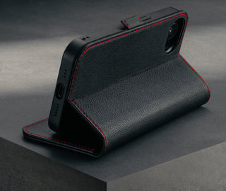 Stand function of the Black with Red Detail Leather Wallet Case for iPhone SE4 (2025)