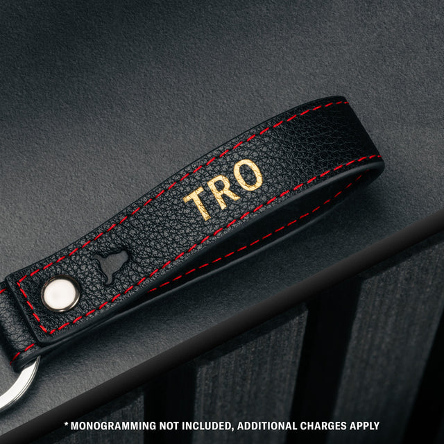 Contextual Front of Black Leather (with red stitching) keyring with monogramming