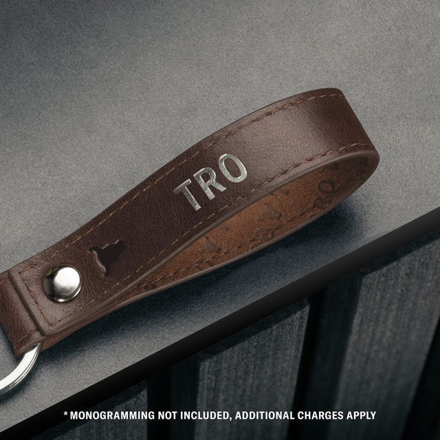 Contextual Back of Dark Brown Leather Keyring with monogramming