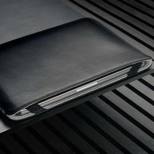 Laptop inside the Black Leather MacBook Pro / MacBook Air Sleeve Case