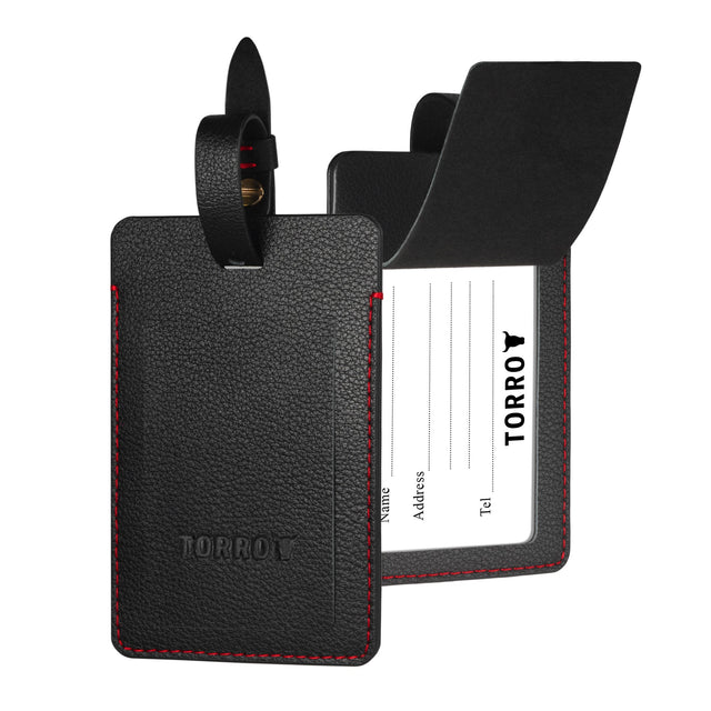 Black with Red Stitching Leather Luggage Tag