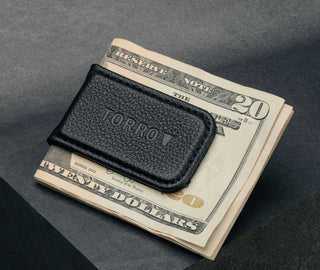Black Leather Money Clip with bank notes