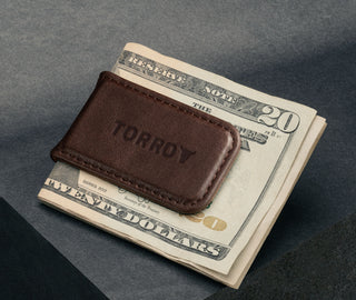Dark Brown Leather Money Clip with banknotes