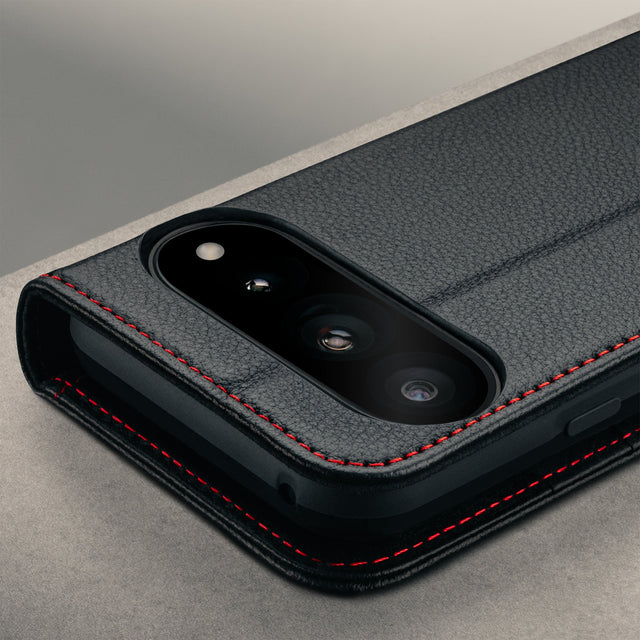 Camera cutout on the Black with Red Stitching Leather Case for the Google Pixel 11 Pro