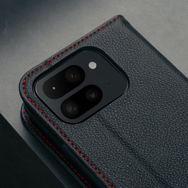 Camera cutout on the Black with Red Detail Leather Case for Google Pixel Fold 2
