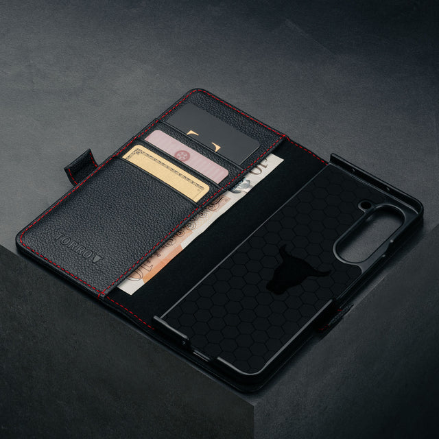 Card slots in the Black with Red Detail Leather Case for Samsung Galaxy Z Fold6