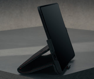 Integrated stand function of the Black with Red Detail Leather Case for Samsung Galaxy Z Fold6