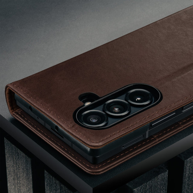 Camera cutout on the Dark Brown Leather Case for Samsung Galaxy Z Fold7