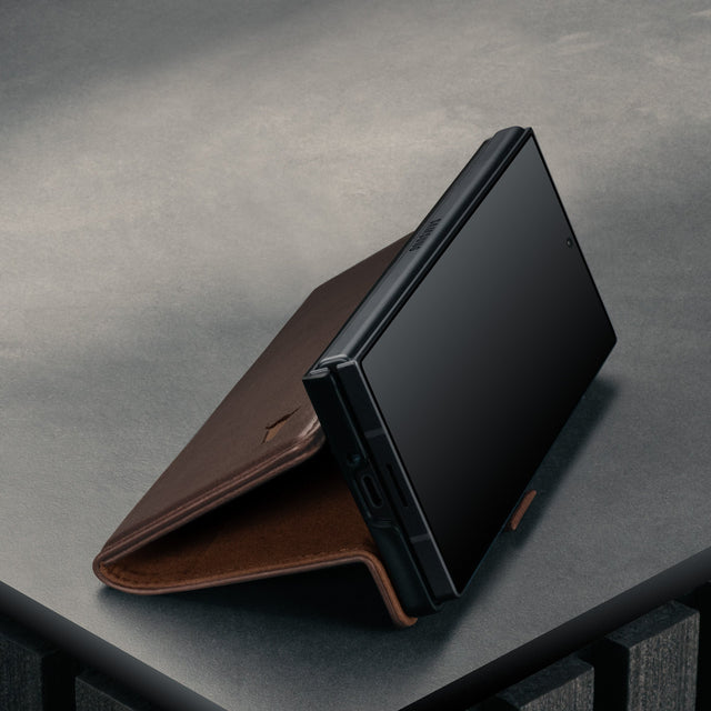 Integrated stand function of the Dark Brown Leather Case for Samsung Galaxy Z Fold7