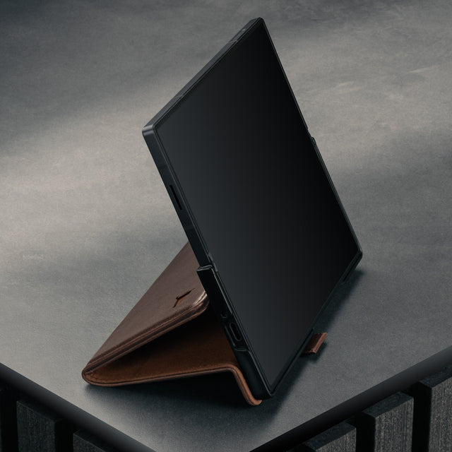 Integrated stand function of the Dark Brown Leather Case for Samsung Galaxy Z Fold7