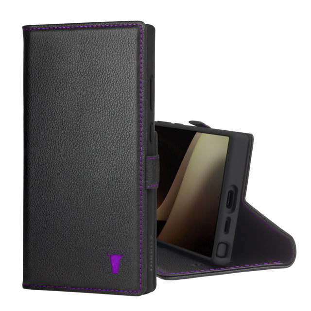 Black with Purple Detail Leather Wallet Case for Samsung Galaxy S24 Ultra