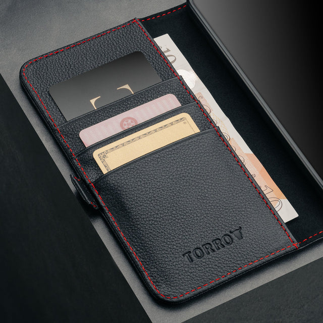 Card slots inside the Black with Red Detail Leather Case for Galaxy S25 Edge