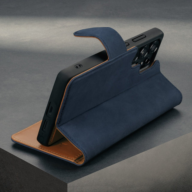 Stand function of the Blue Nubuck Leather Detachable Case for Galaxy S25 Ultra