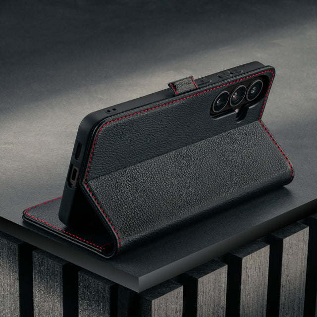 Stand function of the Black with Red Detail Leather Case for Galaxy S25 FE