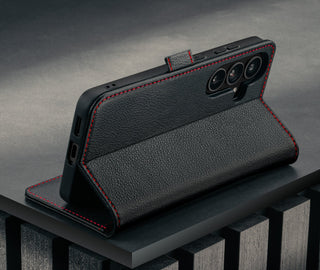 Stand feature of the Black with Red Detail Leather Stand Case for Galaxy S26