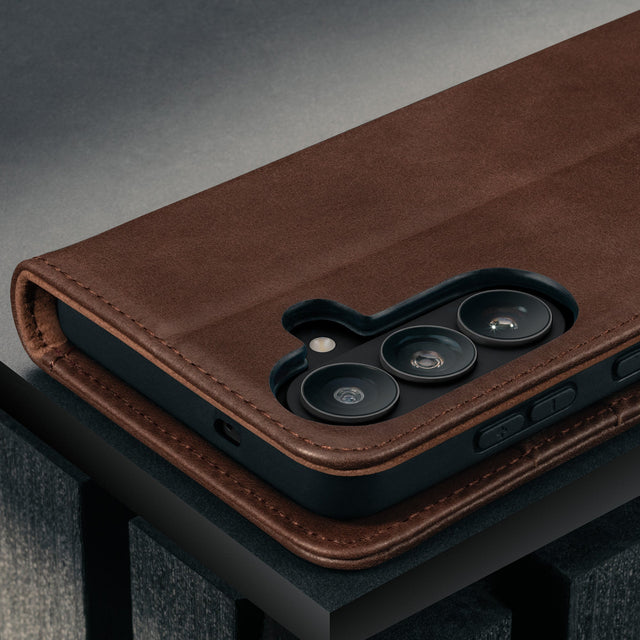 Camera cutout on the Dark Brown Leather Stand Case for Galaxy S26