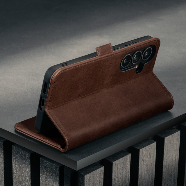 Stand feature of the Dark Brown Leather Stand Case for Galaxy S26