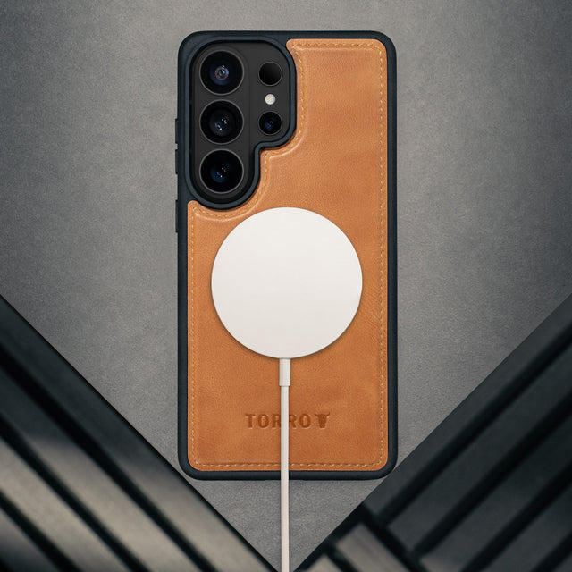 Wireless charger attached to the Black Leather Detachable Case for Galaxy S26 Ultra