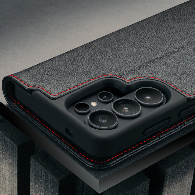 Camera cutout on the Black with Red Detail Leather Stand Case for Galaxy S26 Ultra
